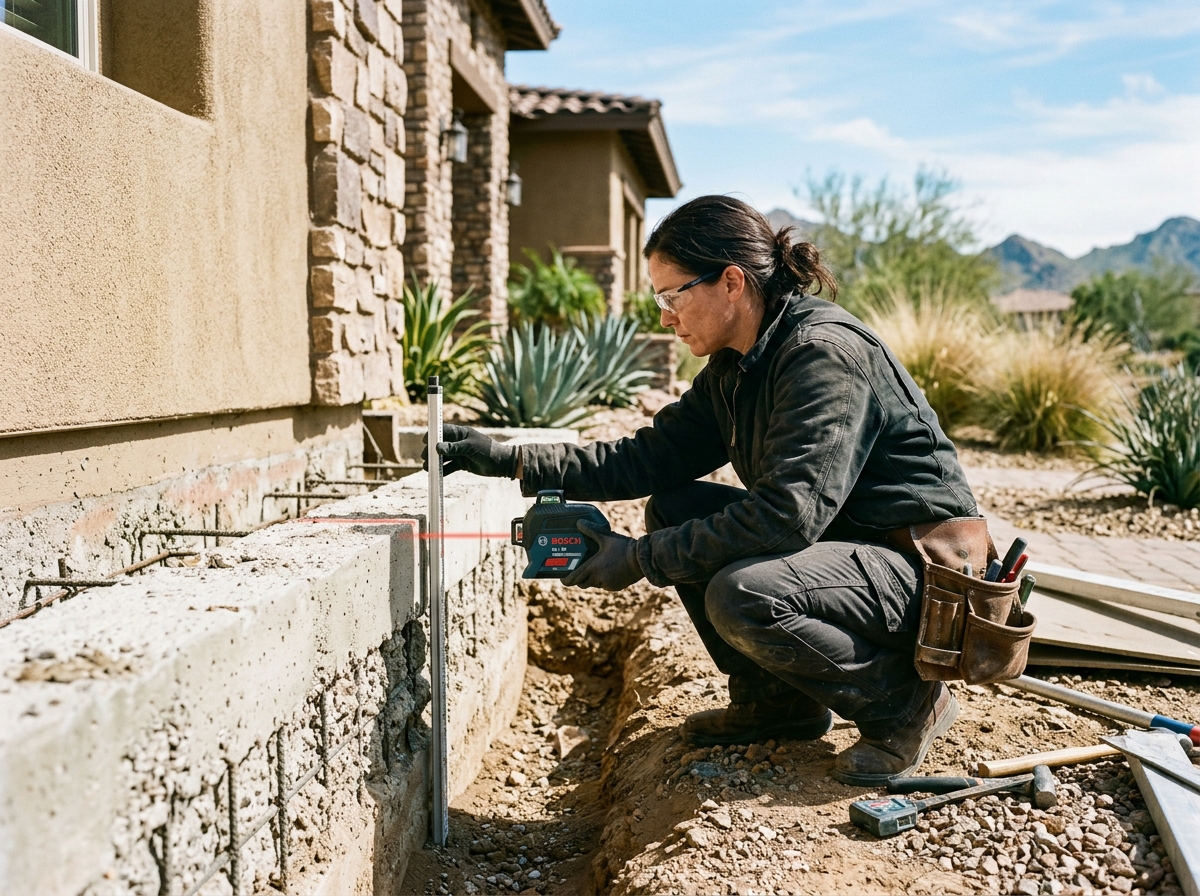 Certified foundation engineer inspecting reinforced concrete footing elevations on site