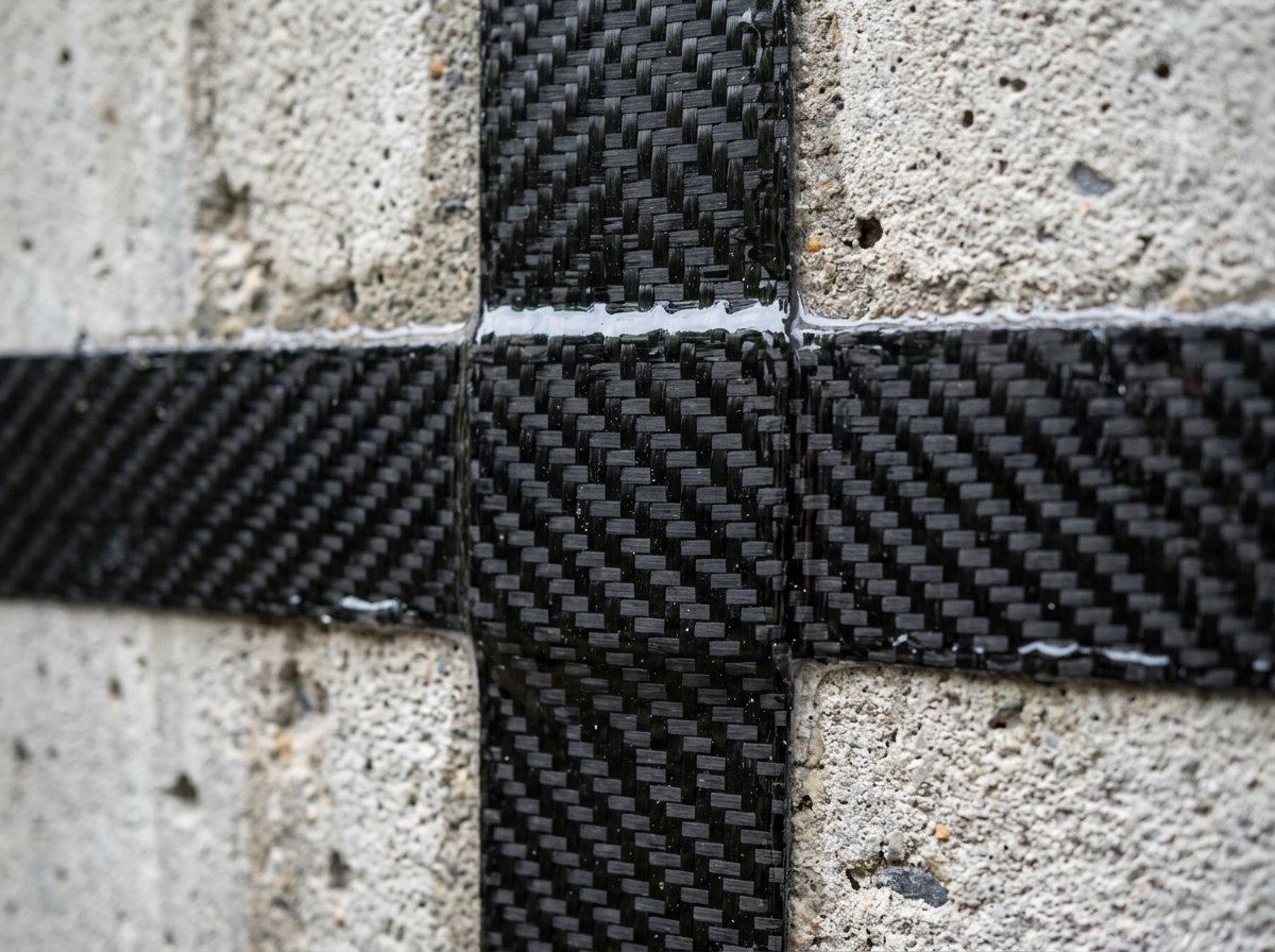 Aerospace-grade carbon fiber structural reinforcement grid strap bonded to concrete wall