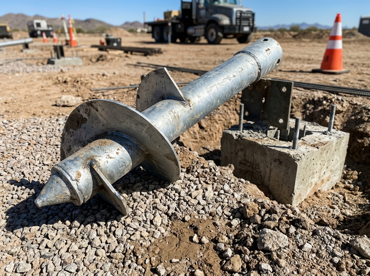 Industrial galvanized steel helical pier screw anchor installed deep into load-bearing strata