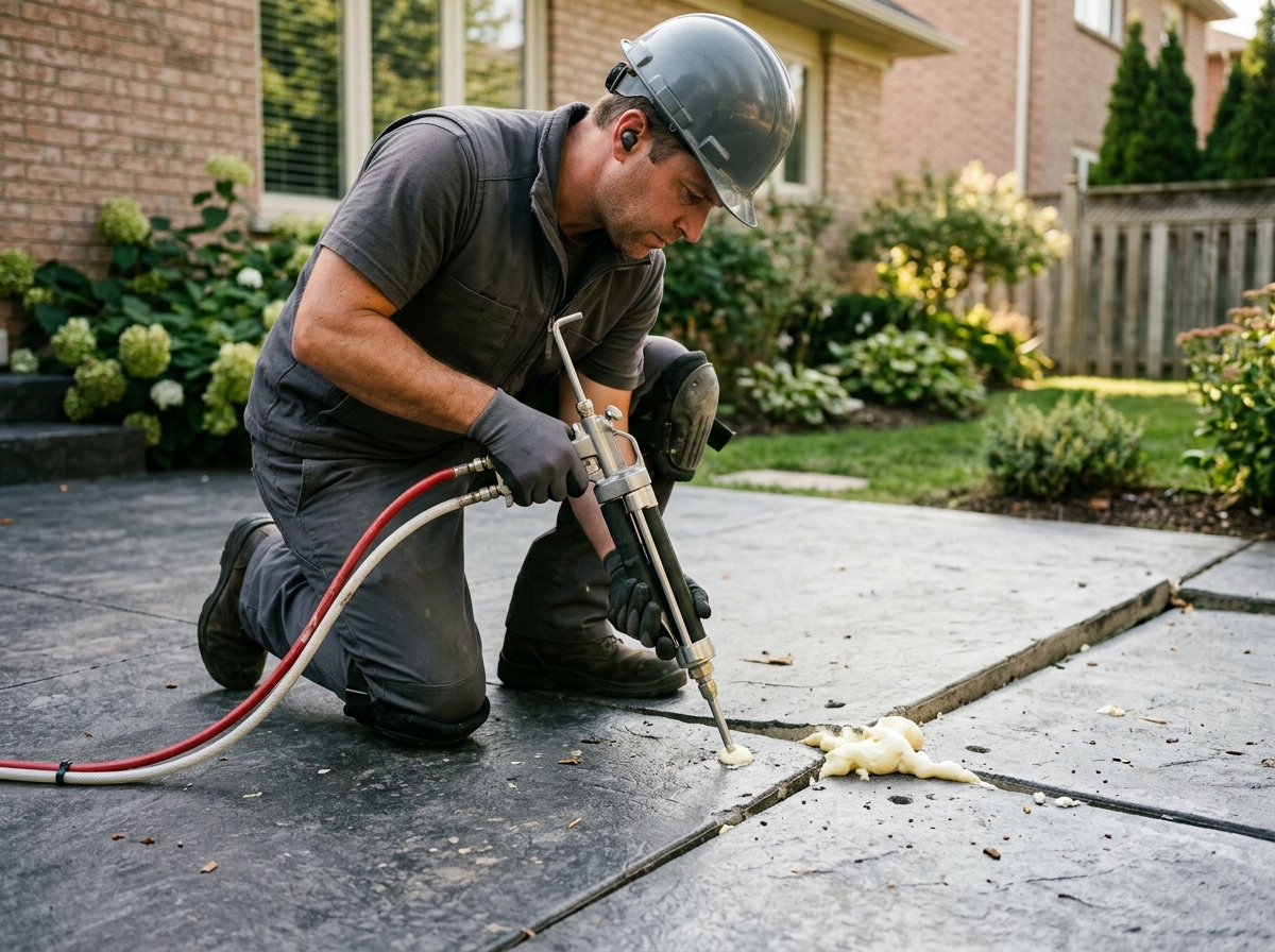 Cross-section of high-density closed-cell expanding polyurethane lifting foam beneath concrete slab