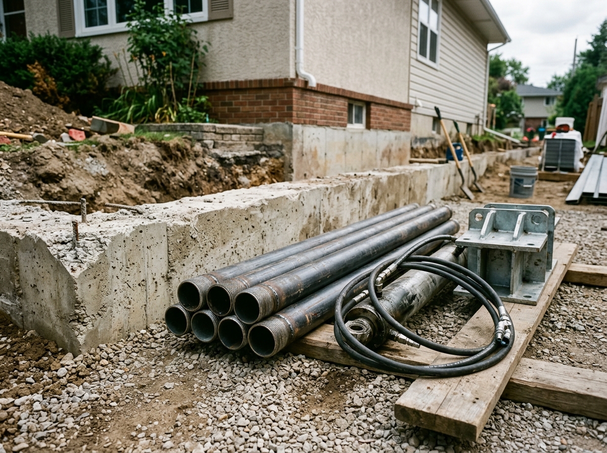 Heavy-duty galvanized steel foundation push pier bracket mounted to concrete footer